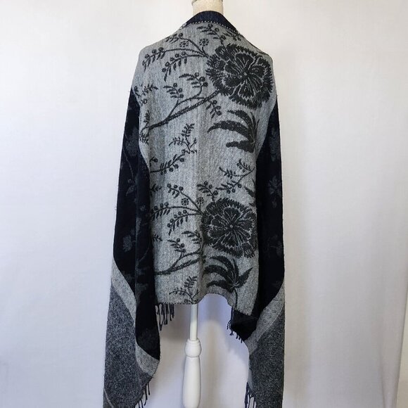 Aurora Paci Italia Blue Gray Floral Print Wool Blend Scarf Wrap Shaw Fringe City - Picture 9 of 16